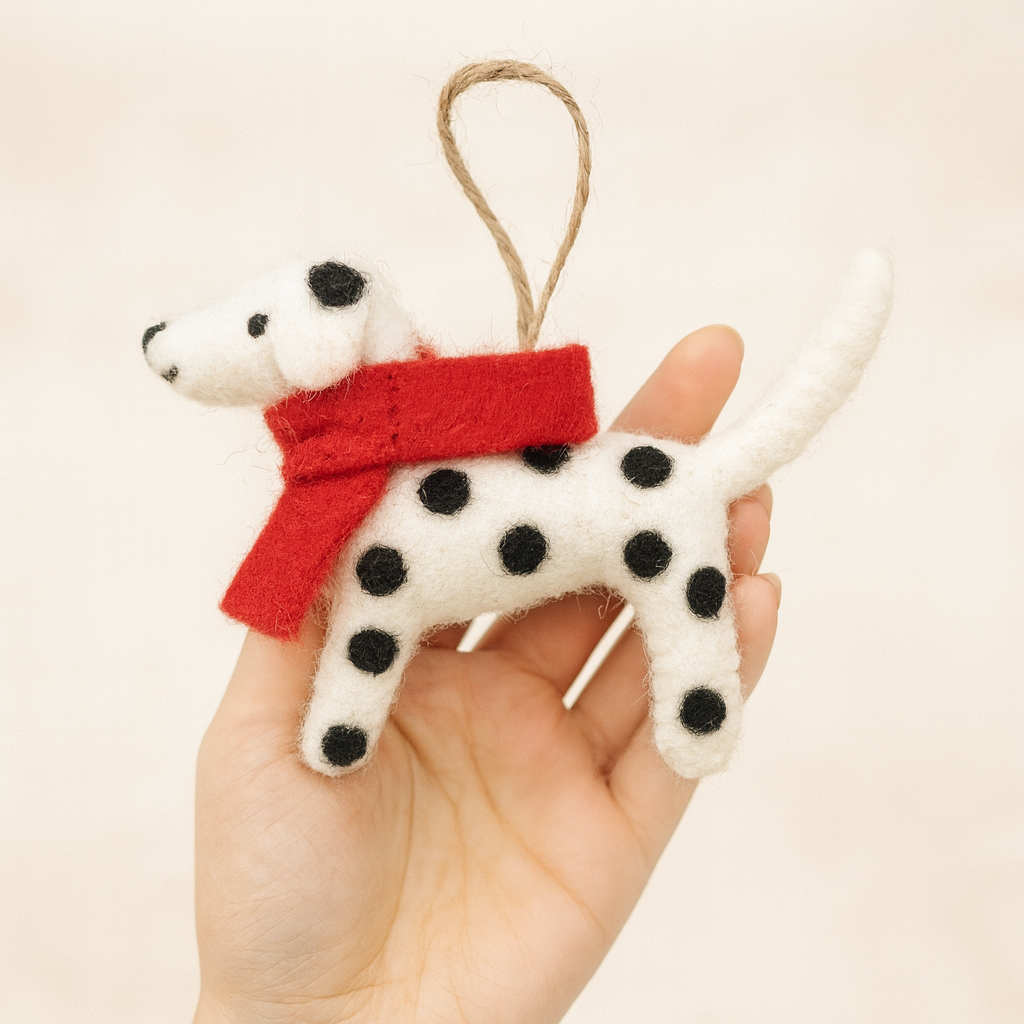 Handmade Felt Dalmatian Dog Ornament with Red Scarf – Wool Felt Christmas Decoration, Cute Animal Hanging Ornament, Gift for Dog Lovers