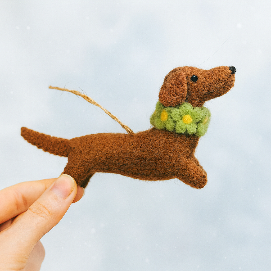 Handmade Wool Felt Dachshund Dog Ornament with Flower Collar – Cute Needle Felted Sausage Dog Hanging Decoration, Gift for Dog Lovers