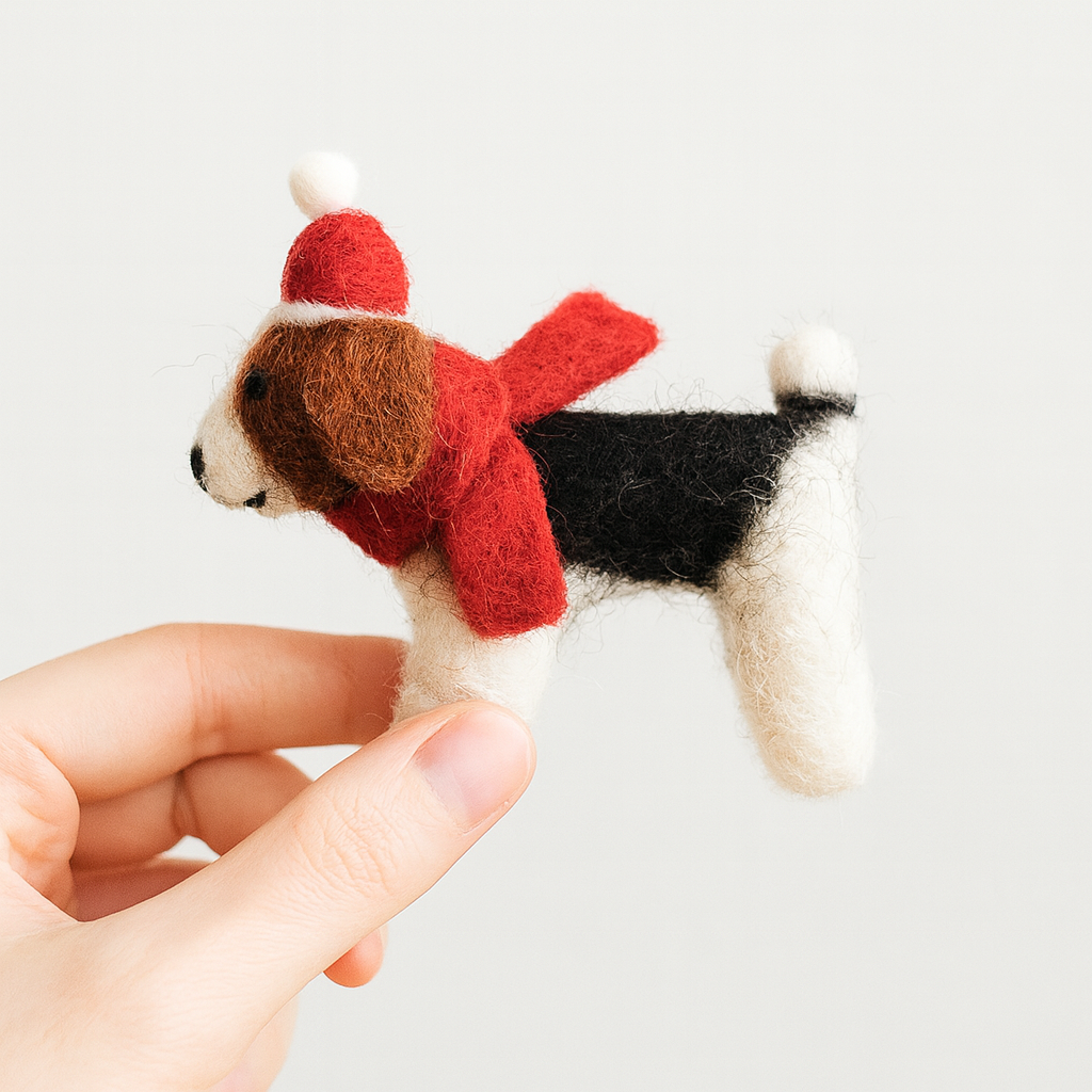 Handmade Felt Dog Ornament – Needle Felted Wool Puppy with Red Hat & Scarf, Cute Hanging Decoration for Christmas & Home Décor