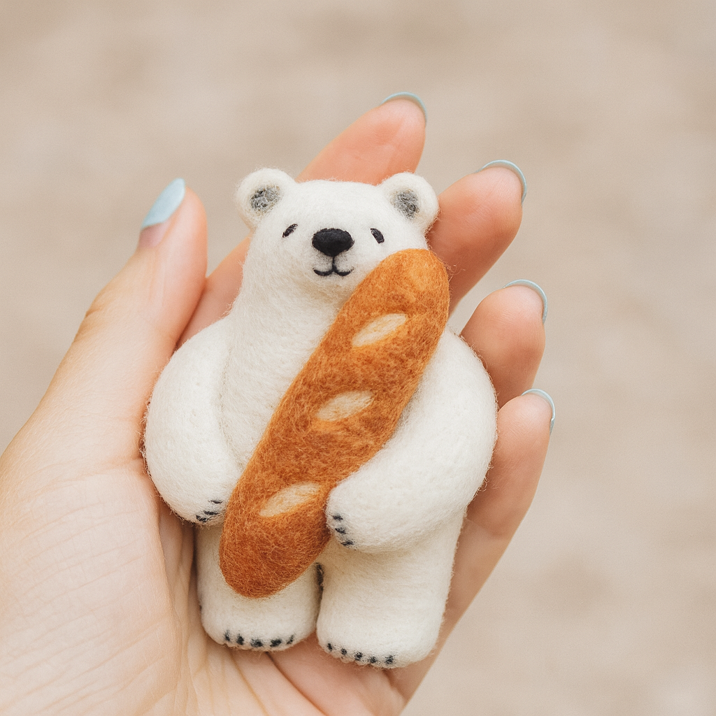 Handmade Felt Polar Bear with Baguette – Wool Needle Felt Animal Figurine, Cute Miniature Bear Ornament, Cozy Gift for Home Décor