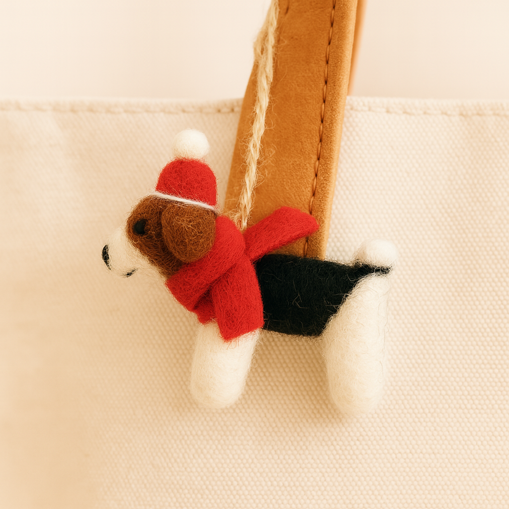 Handmade Felt Dog Ornament – Needle Felted Wool Puppy with Red Hat & Scarf, Cute Hanging Decoration for Christmas & Home Décor