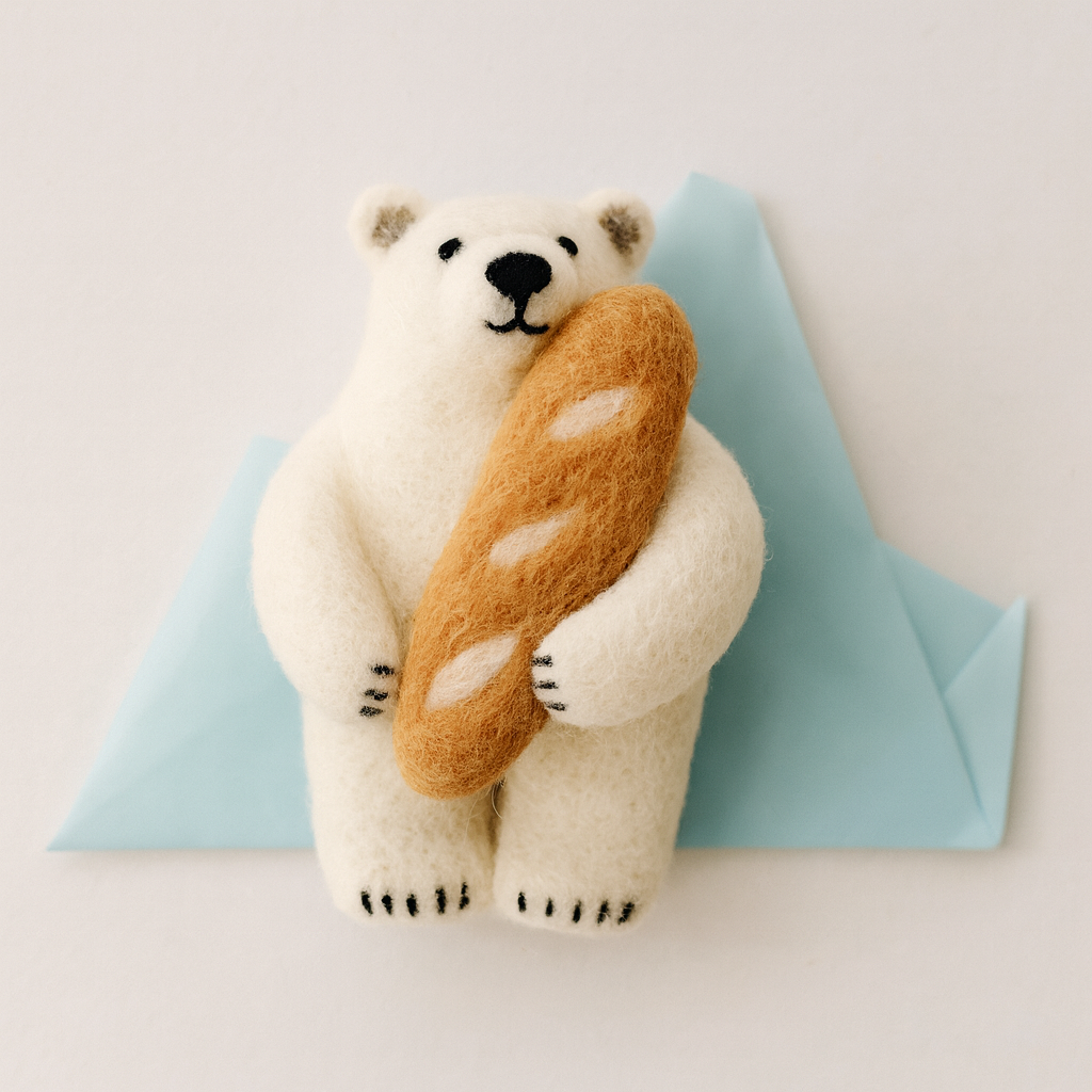 Handmade Felt Polar Bear with Baguette – Wool Needle Felt Animal Figurine, Cute Miniature Bear Ornament, Cozy Gift for Home Décor