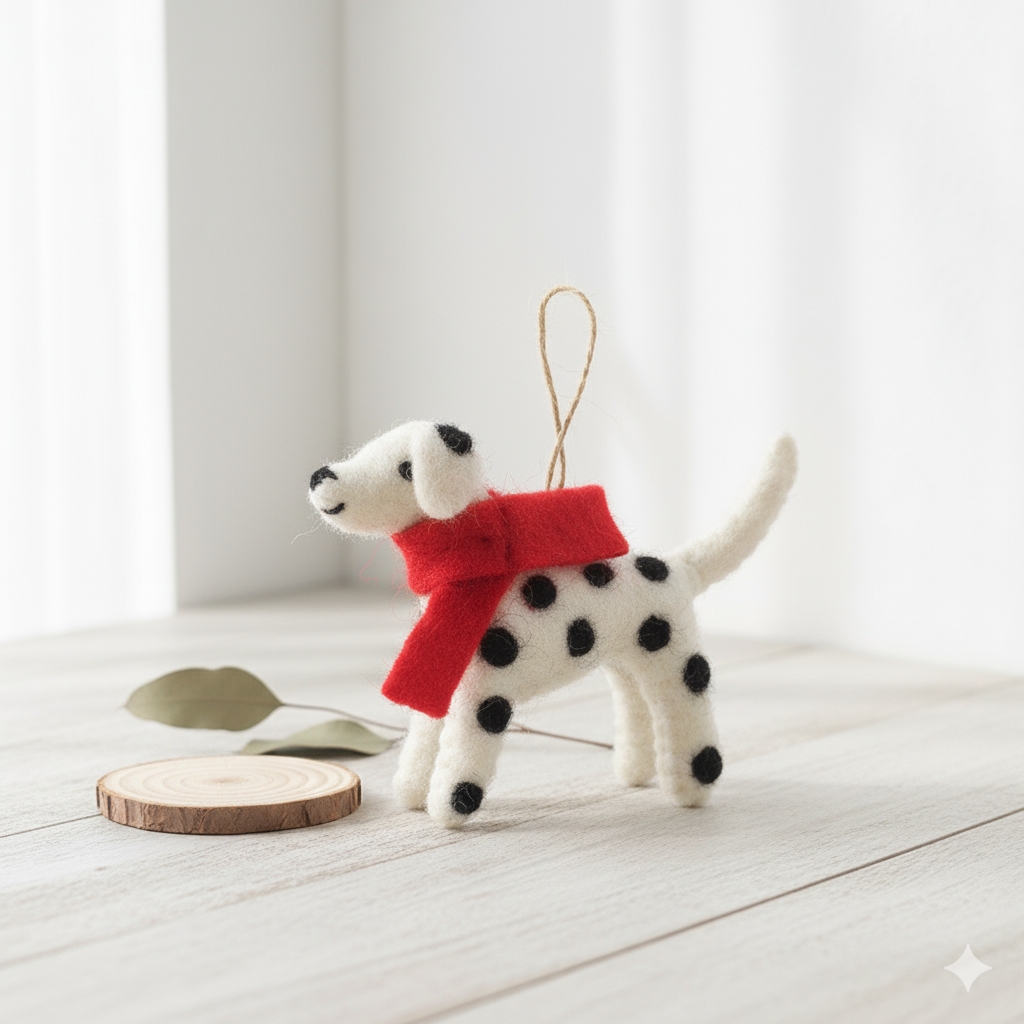 Handmade Felt Dalmatian Dog Ornament with Red Scarf – Wool Felt Christmas Decoration, Cute Animal Hanging Ornament, Gift for Dog Lovers