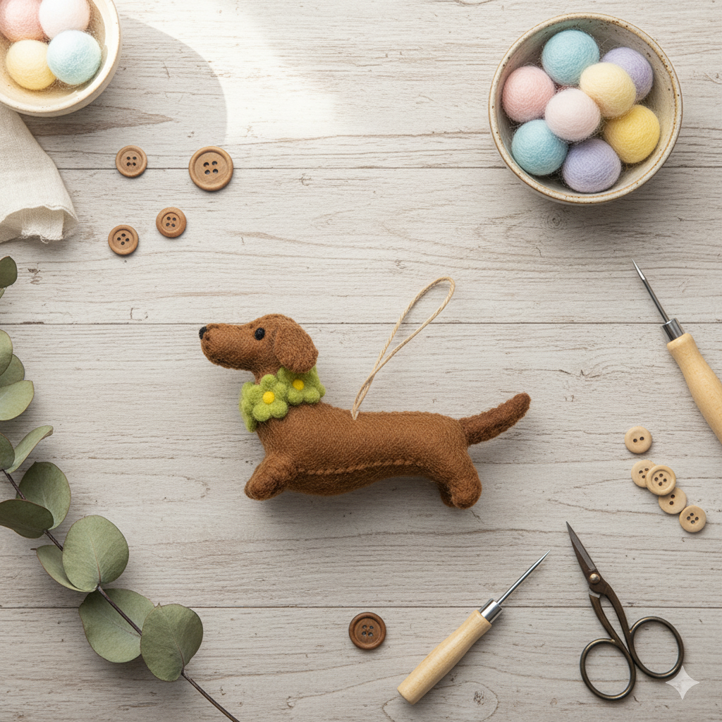 Handmade Wool Felt Dachshund Dog Ornament with Flower Collar – Cute Needle Felted Sausage Dog Hanging Decoration, Gift for Dog Lovers