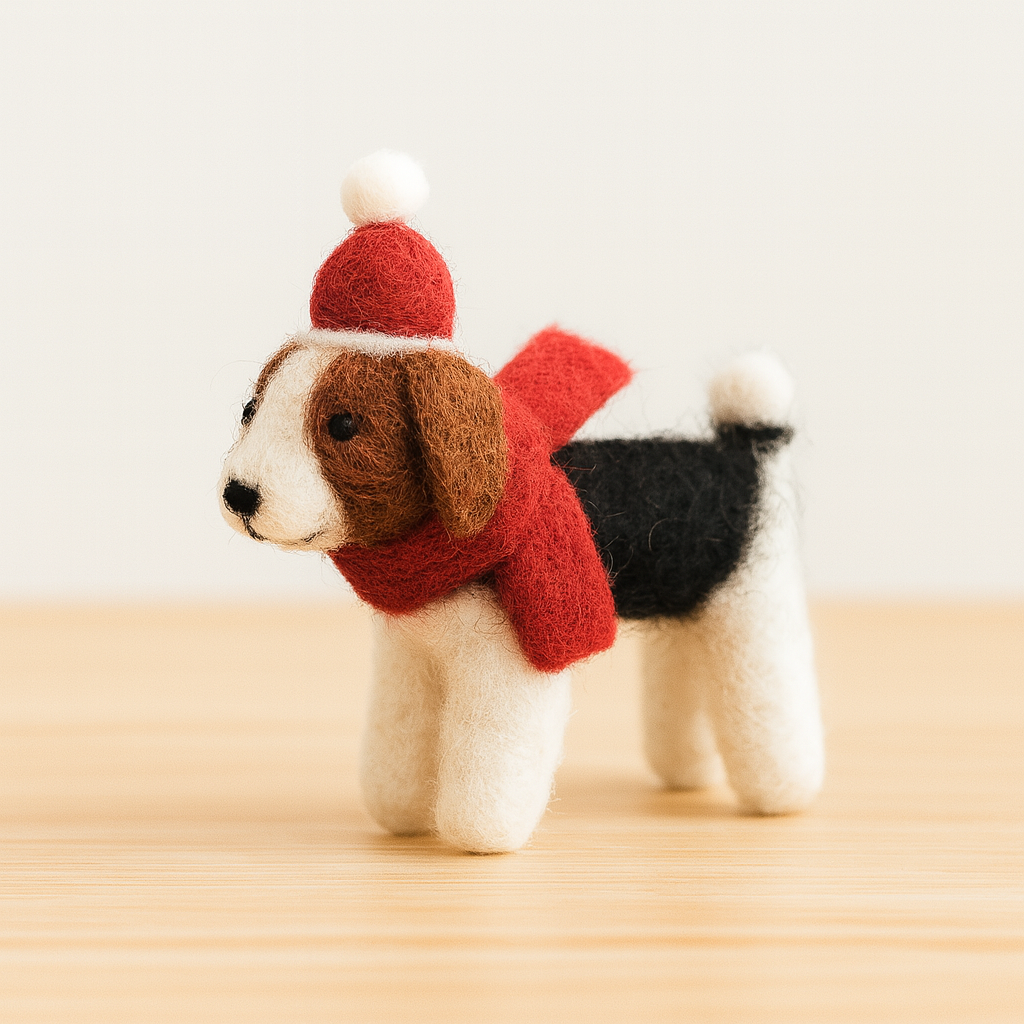 Handmade Felt Dog Ornament – Needle Felted Wool Puppy with Red Hat & Scarf, Cute Hanging Decoration for Christmas & Home Décor