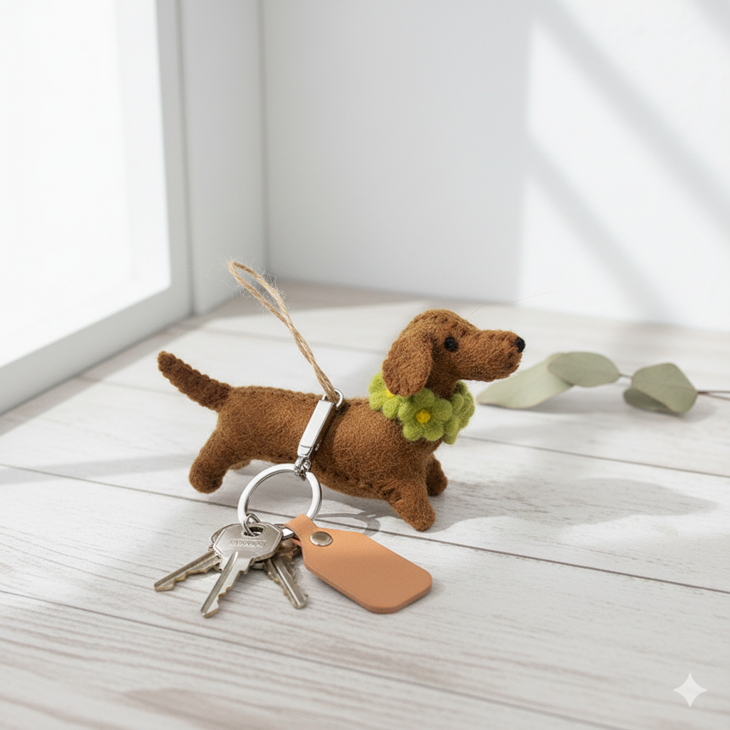 Handmade Wool Felt Dachshund Dog Ornament with Flower Collar – Cute Needle Felted Sausage Dog Hanging Decoration, Gift for Dog Lovers