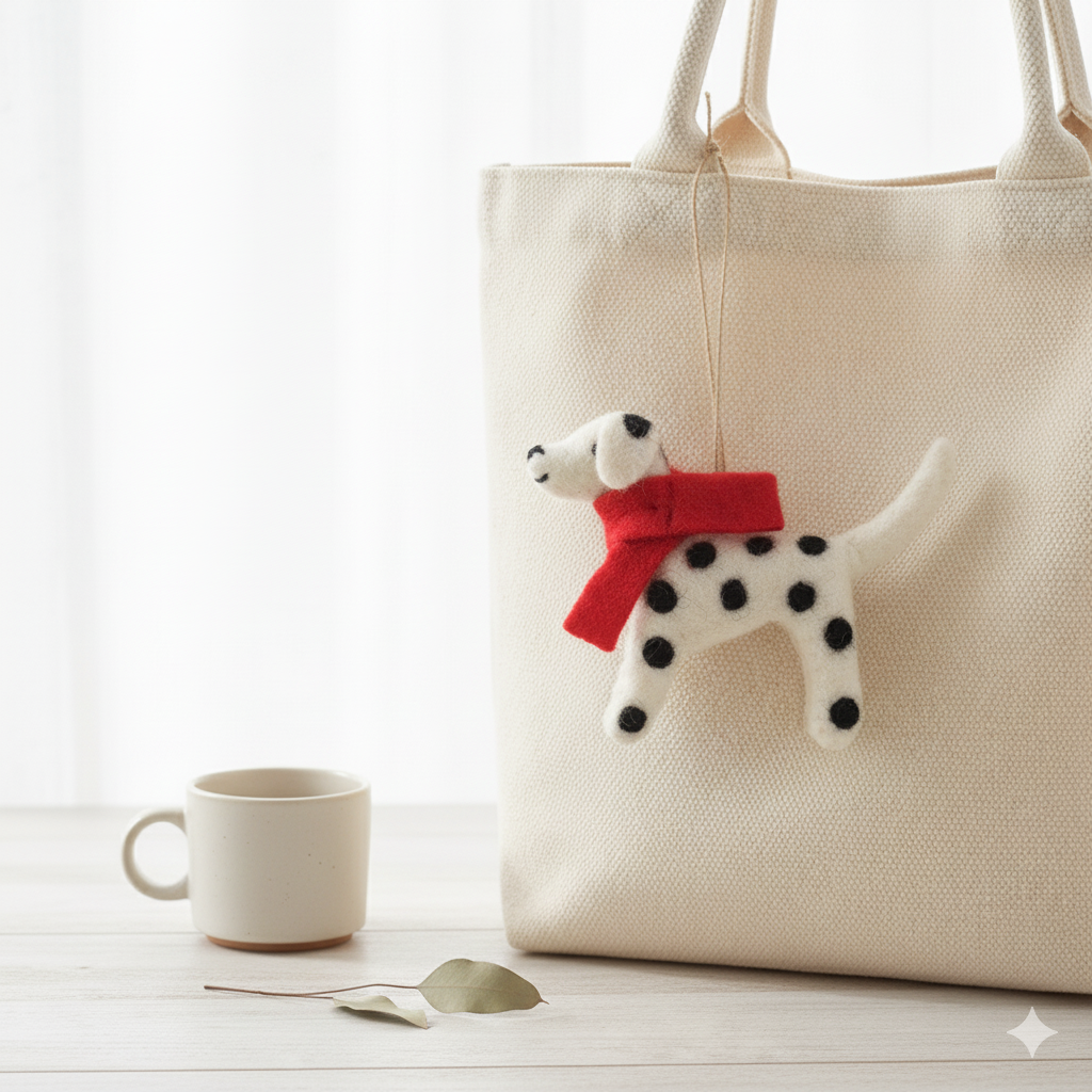 Handmade Felt Dalmatian Dog Ornament with Red Scarf – Wool Felt Christmas Decoration, Cute Animal Hanging Ornament, Gift for Dog Lovers