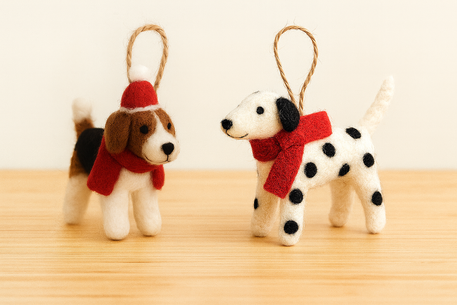 Handmade Felt Dog Ornament – Needle Felted Wool Puppy with Red Hat & Scarf, Cute Hanging Decoration for Christmas & Home Décor