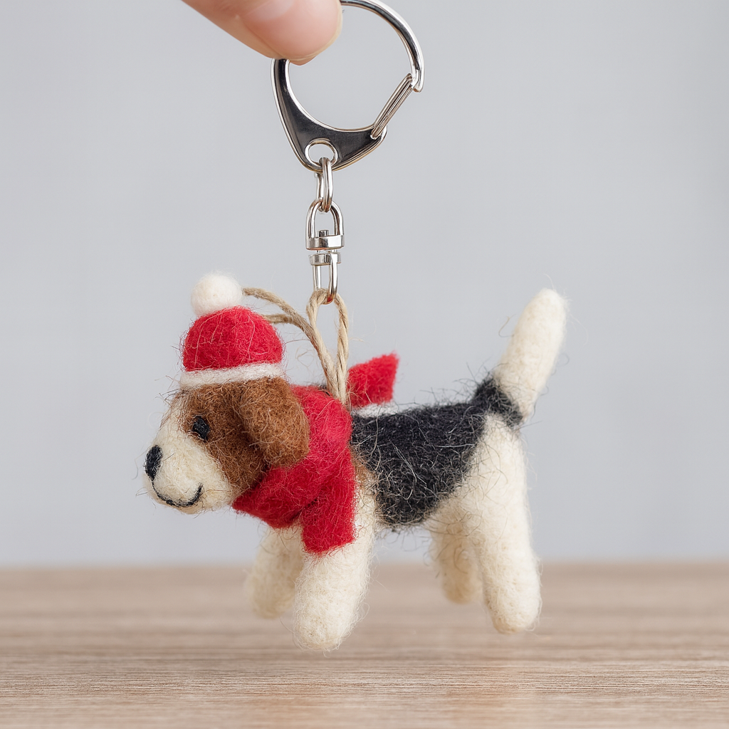 Handmade Felt Dog Ornament – Needle Felted Wool Puppy with Red Hat & Scarf, Cute Hanging Decoration for Christmas & Home Décor