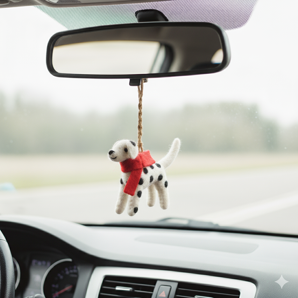 Handmade Felt Dalmatian Dog Ornament with Red Scarf – Wool Felt Christmas Decoration, Cute Animal Hanging Ornament, Gift for Dog Lovers