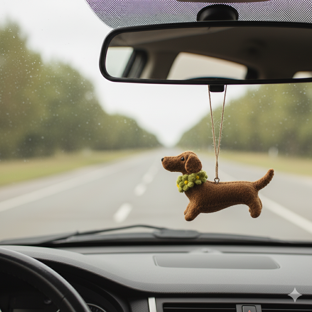 Handmade Wool Felt Dachshund Dog Ornament with Flower Collar – Cute Needle Felted Sausage Dog Hanging Decoration, Gift for Dog Lovers